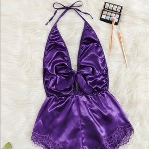 Lace Trim Satin Romper Bodysuit